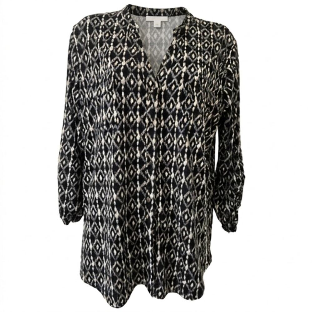 Faded Glory Women's L Multicolor Geometric 3/4 Roll Tab Sleeve V-Neck Blouse
